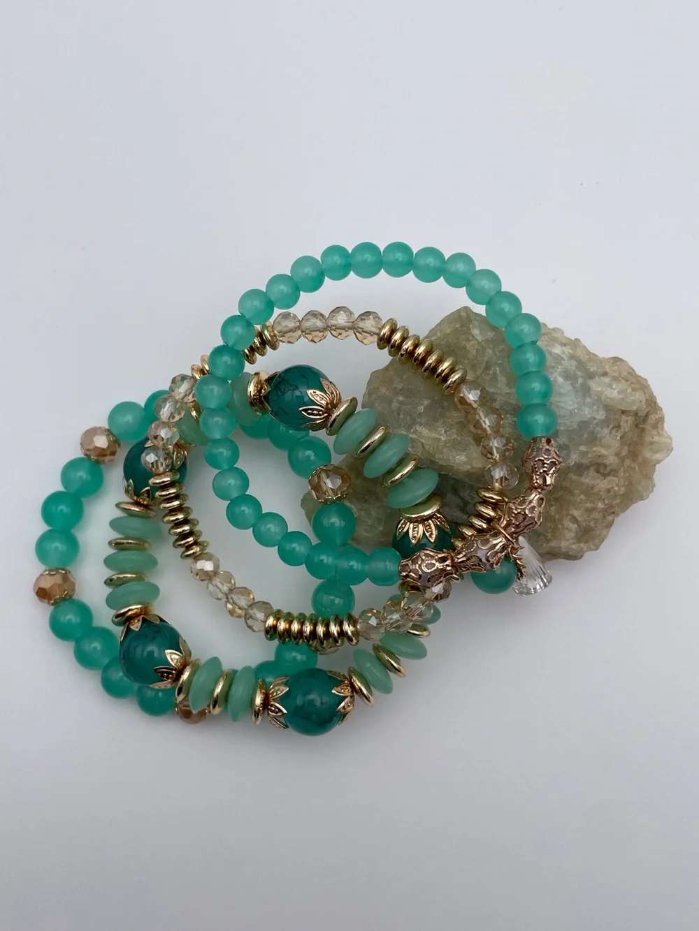4 Piece Tassel Charm Beaded Stretch Bracelet Aqua